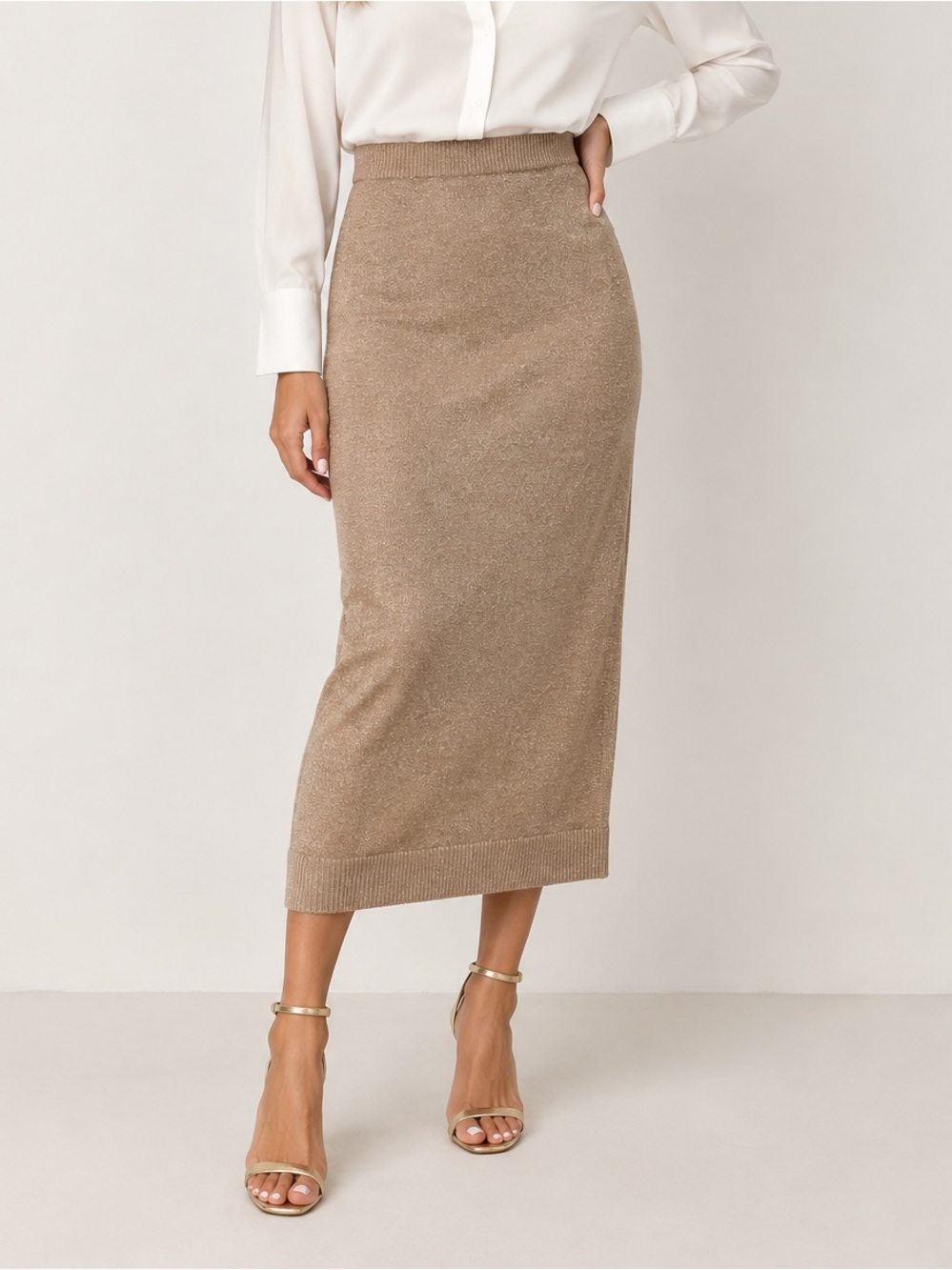 Ann Taylor Gold Metallic Sweater Midi Skirt, size Medium